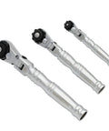 Multi Position Extendable Flex Head Ratchet Set With 72 Tooth Reversible Quick Release Includes Quarter Inch Drive Three Eighths Inch Drive And Half Inch Drive Telescoping Handles For Tight Spots And Extra Reach displayed in three sizes
