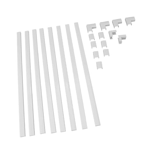 Super Slick Peel And Stick Cable Raceway Cover For TV And Office Walls Strong Adhesive Cord Hider Kit components shown in white.