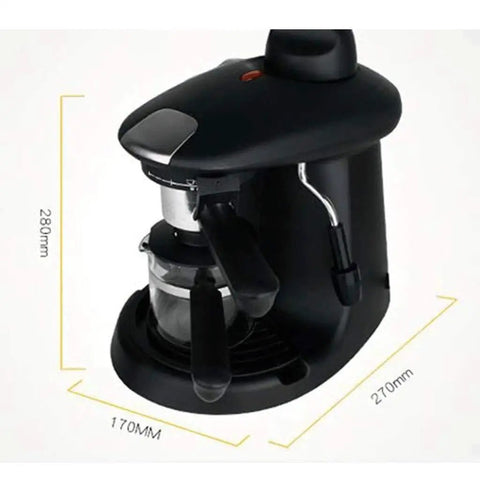 Semi Automatic Espresso Coffee Machine With Swivel Milk Frother For Silky Cappuccinos Compatible With Coffee Pods Quick Heat 730 W shown with dimensions.