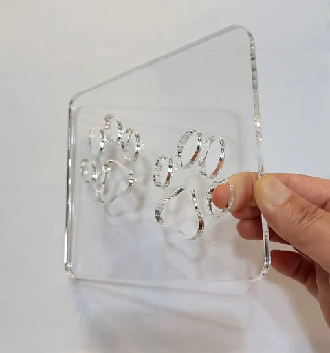 Close-up of Badass Double Paw Print Router Template for Heavy Duty Woodworking Resin Inlay Cavities Clear Quarter Inch Acrylic Stencil.