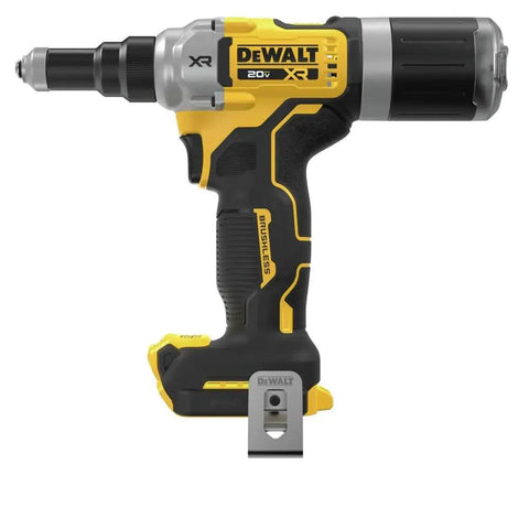 Rugged Brushless Cordless Rivet Drops Some Serious Muscle For No Sweat Stainless Steel Fastening And Cranks Out Three Hundred Rivets Per Charge With Foolproof Nose Piece Swap Design, DEWALT cordless rivet gun with black and yellow design.
