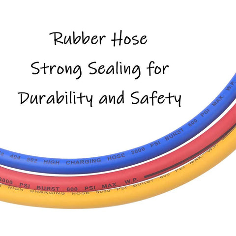 Three colored rubber refrigerant charging hoses blue, red, yellow; 60-in length with 1/4-in NPT threads for R12/R22/R134A.