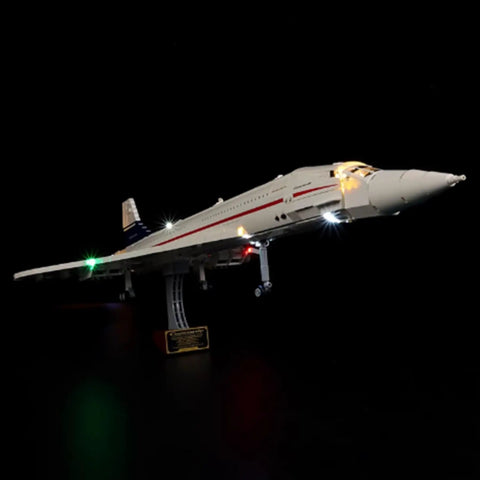 LED Lighting Kit for 10318 Concorde Aircraft Model illuminating model on stand in dark setting, lighting components only