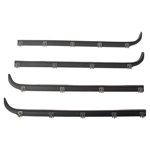 Driver And Passenger Side Door Weatherstrip Seal Kit Fits 1987 Through 1996 Bronco 1987 Through 1990 Bronco II 1987 Through 1997 F150 F250 1997 F250 HD F350 Replacement Weather Seals With Lifetime Warranty showing 4 straight rubber seals with metal clips from a top view.