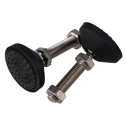 Four Piece Adjustable Leveling Feet Swivel Replacement Legs With Quick Turn Screws And Hella Tough Nylon Cushion Bottoms For DIY Furniture Or Home Office Setup close-up showing nylon cushion bottoms and metal screws.