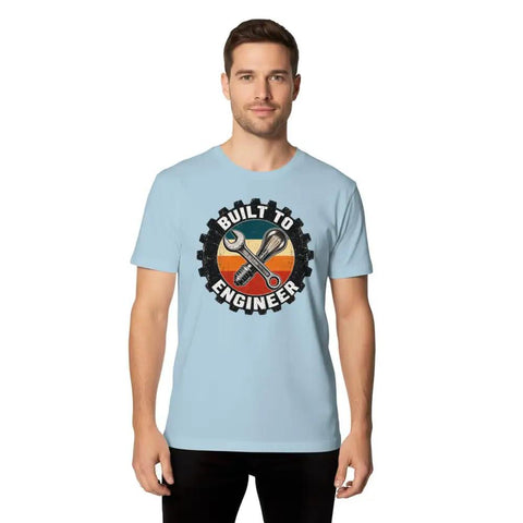 Classic Engineered Vintage Tee Featuring Gear And Lightbulb Badge For Makers And Problem Solvers With Soft 100 Cotton Fit in light blue.