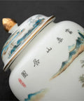 Top Shelf Premium Ceramic Airtight Tea Canister For Loose Leaf And Roasted Coffee Storage With Classic Chinese Landscape Motif, close-up of lid.