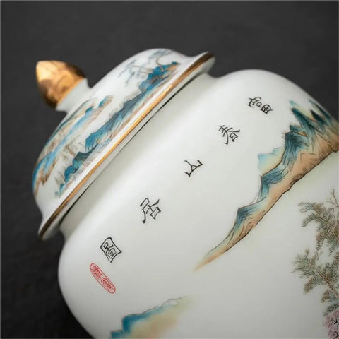 Top Shelf Premium Ceramic Airtight Tea Canister For Loose Leaf And Roasted Coffee Storage With Classic Chinese Landscape Motif, close-up of lid.