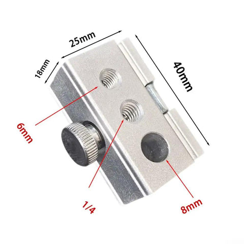 Heavy Duty Aluminum Table Clip Slider For IGT Camp Systems, 40x25x18mm, showing adapter holes for 6mm, 8mm, and 1/4 inch mounts.
