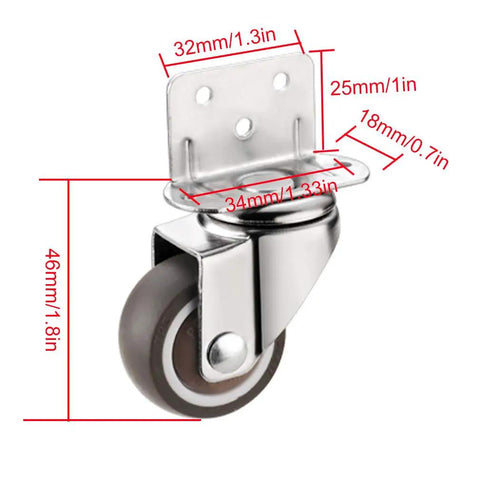Set Of 4 L Shaped Silent Swivel Casters With 360 Degree Rotation And TPE Rubber Wheels For Furniture, detailed measurements view.