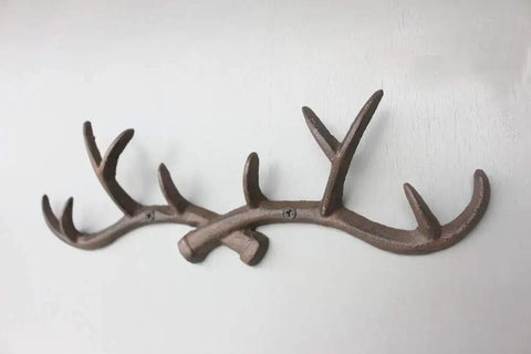 Straight Outta The Woods Dead Ringer Heavy Duty Cast Iron Deer Antler Wall Mount Coat Hooks, 14x5x1.5 inches, rustic design.