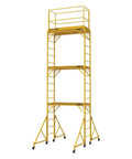 Heavy Duty 18 Foot Adjustable Scaffold Tower With Triple Baker Style Platforms, yellow steel frame, mobile for construction tasks.
