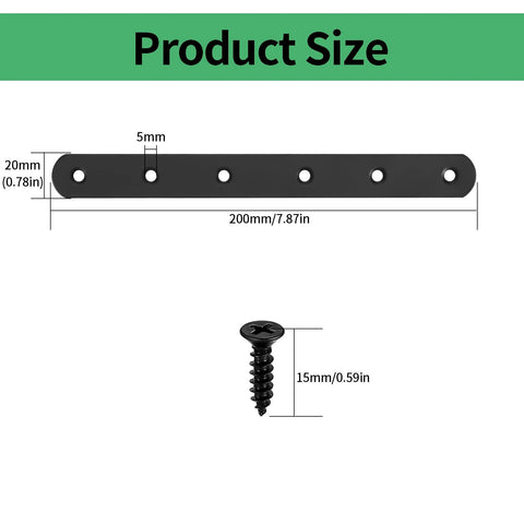 Diagram showing product size of Heavy Duty Black Mending Plate And Straight Brackets Set For Wood And Furniture Repair with screws