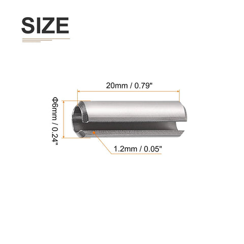 Side view of Slotted Spring Pin Set 6mm x 20mm Stainless Steel Roll Pins 10 Pack size dimensions.