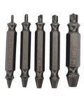 5 Piece Screw Extractor Kit For Easy Removal Of Rusty And Broken Hardware Stripped Screws And Bolts With Drill Bits HSS 4341 Nitride Coated Pro Grade Heavy Duty Tool Gift For Men showing five nitride-coated extractors