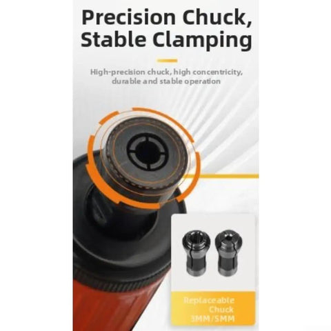 Close-up of precision chuck for Rock Solid Air Die Grinder Straight Shaft 23000 RPM Pneumatic Rotary Tool for stable clamping, includes 3mm and 5mm collets.