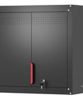 Beefy Heavy Duty Metal Wall Cabinet For Garage, wall mounted with lock and handle, adjustable steel shelves visible, durable design.
