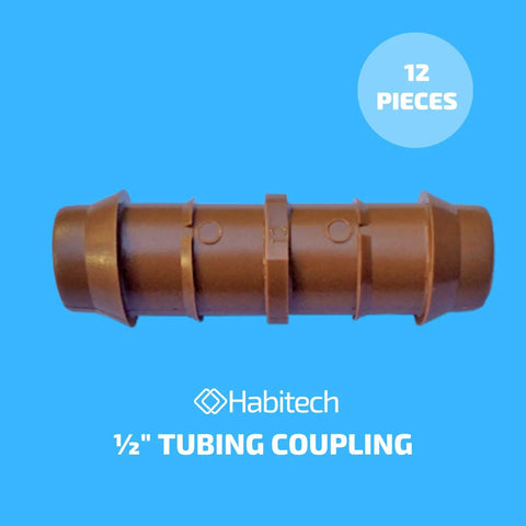 Half Inch Drip Irrigation Coupling Fittings 12 Pack Barbed Connectors For Repairing And Extending Drip Lines in brown plastic