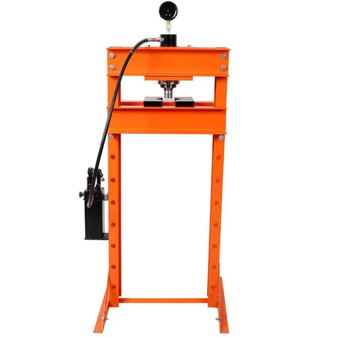 Badass 30 Ton Air Hydraulic Shop Press With Gauge And Air Pump, Heavy Duty H Frame in orange, showcasing adjustable height features.