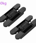 Pair Of Heavy Duty Hidden Door Hinges For Wood Cabinets Adjustable Black Folding Hardware Built Tough Eighty Kilogram Bearing Capacity With Sleek Concealed Finish, showing two black hinges.