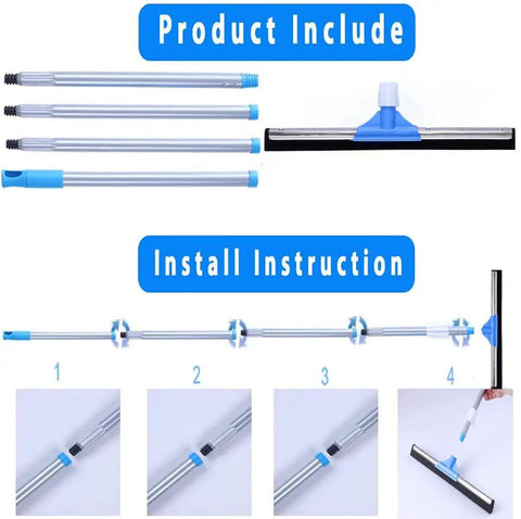 All In One Floor Squeegee With Long Adjustable Handle From 25 To 50 Inches No Bending Back Saver Heavy Duty Foam Blade Wiper For Concrete And Tile Floors Great For Garage Shower Kitchen Windows Glass Carpet And Pet Hair Cleanup shown in parts with assembly instructions.