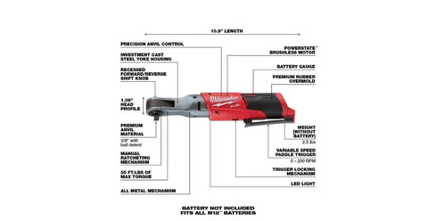 Diagram of M12 Fuel Three Eighths Inch Ratchet Bare Tool With Fifty Five Ft Lbs Torque Ultra Compact Head Pro Grade Build features