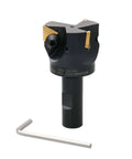Accusize indexable end mill with 3 TPG32 carbide inserts, 2 inch diameter, 3/4 inch straight shank, includes hex key