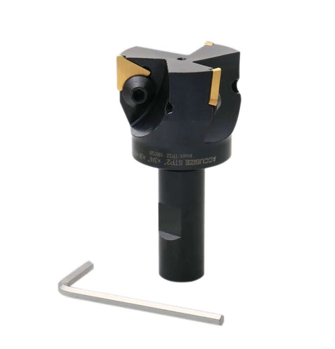 Accusize indexable end mill with 3 TPG32 carbide inserts, 2 inch diameter, 3/4 inch straight shank, includes hex key