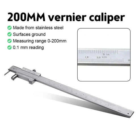 Rock Solid Eight Inch Stainless Scribe Calipers With Replaceable Carbide Tip And Utility Pouch For No Nonsense Layouts On Demanding Job Sites Featuring Exact Dual Scale Readouts And Non Slip Grip - 200MM stainless steel vernier caliper with dual scales.