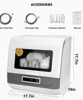 No Sweat Compact Countertop Dishwasher With Automatic Air Dry And 360 Rotating Dual Spray Heads Superfast Cycle For Everyday Dishes and bowls, showing accessories and dimensions.