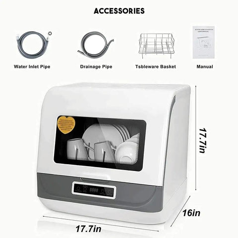 No Sweat Compact Countertop Dishwasher With Automatic Air Dry And 360 Rotating Dual Spray Heads Superfast Cycle For Everyday Dishes and bowls, showing accessories and dimensions.