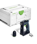 Rugged 18V Cordless Drill With Keyless Chuck And Belt Clip Compact Ergonomic Handle next to organization box, includes a spare chuck.