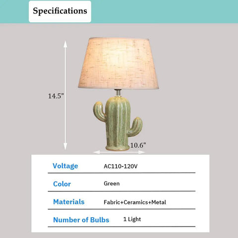 Cactus Desk Lamp With Fabric Lampshade And Sturdy Ceramic Base, Modern Bedside Nightstand Light For Bedroom Or Living Room, 14.5"H