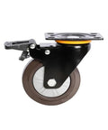 Heavy Duty 5 Inch Stem Casters Four Pack Premium Flat Rubber Wheels brake lock shown from side with black frame and brown wheel.