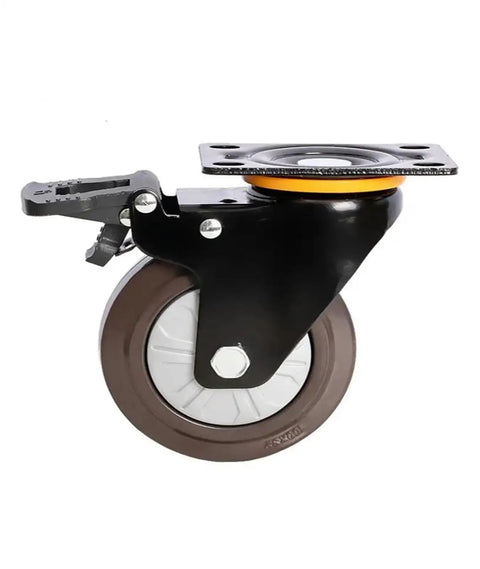 Heavy Duty 5 Inch Stem Casters Four Pack Premium Flat Rubber Wheels brake lock shown from side with black frame and brown wheel.