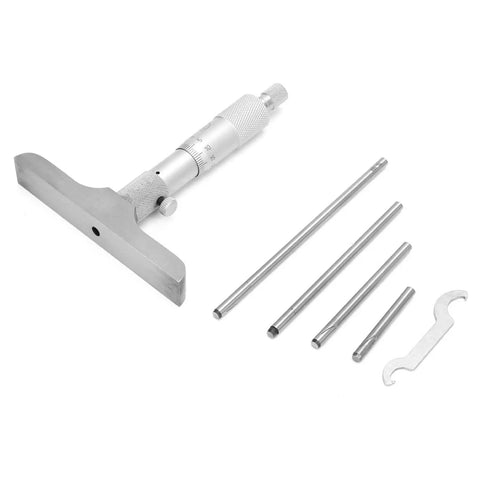 Depth Micrometer Stainless Steel Round Head Depth Gauge With Five Interchangeable Rods 0 to 150mm Range Precision Measuring Tool