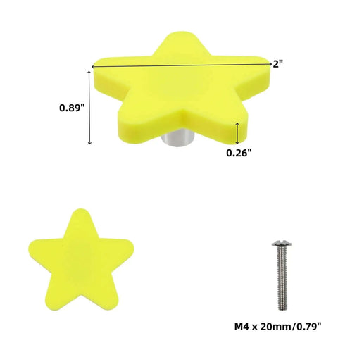 Yellow Star Rubber Drawer Knobs Set Of Six 2 Inch Soft Touch Cabinet Pulls For Furniture with sizing details and screw shown.