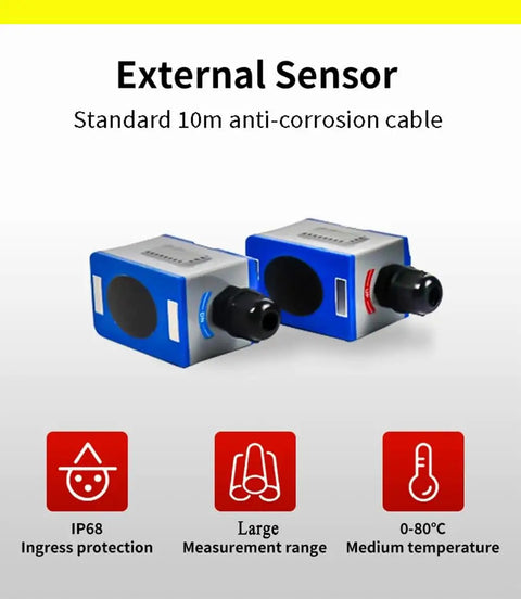 External sensor with IP68 protection, large measurement range, medium temperature, and standard 10m anti-corrosion cable.