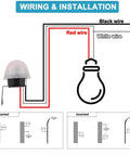 Diagram showing wiring setup for Auto On Off Photocell Night Light Switch Photosensor for Indoor Outdoor Lighting with AC DC 12V 10A rating.