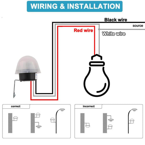 Diagram showing wiring setup for Auto On Off Photocell Night Light Switch Photosensor for Indoor Outdoor Lighting with AC DC 12V 10A rating.