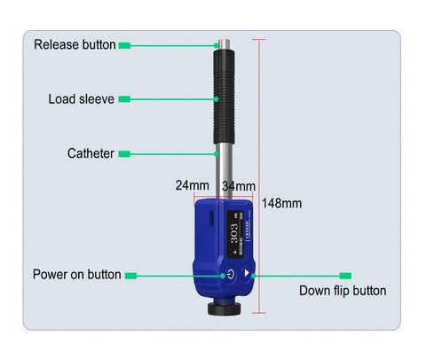 Portable Digital Leeb Hardness Tester And Durometer For Steel Metal Testing With Dual Coil Technology showing buttons and measurements.