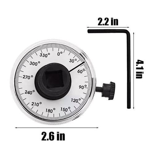 MASITE PCWJ torque angle gauge, white dial with 360° scale, 1/2 in drive, L-shaped hex wrench (front view)