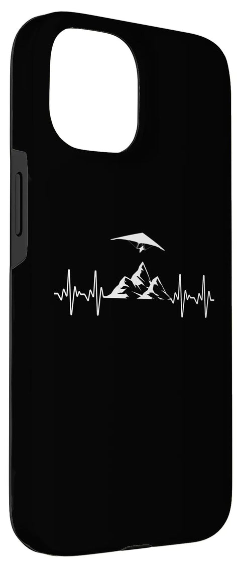 Dope Hang Glider Art Phone Case For iPhone 15 With Hang Gliding Design, black case with white hang glider over mountains icon