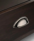 Brushed Satin Nickel Cabinet Cup Pull on dark wood drawer, part of 10 Pack With 3 Inch Hole Centers 76mm for kitchens and home projects
