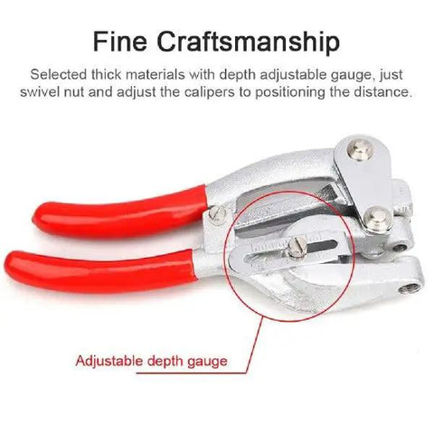 Heavy Duty Sheet Metal Hole Punch Kit Hand Held Power Punch Set with red handles, adjustable depth gauge shown