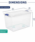 66 Quart Clear Plastic Storage Bin With Secure Blue Latch Lids Stackable Home Organization Tote For Garage Closet And Pantry, showing dimensions.