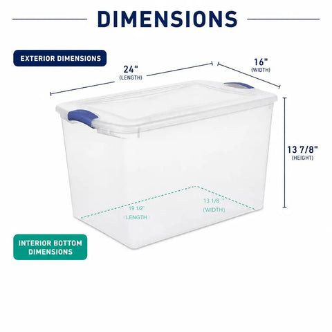 66 Quart Clear Plastic Storage Bin With Secure Blue Latch Lids Stackable Home Organization Tote For Garage Closet And Pantry, showing dimensions.