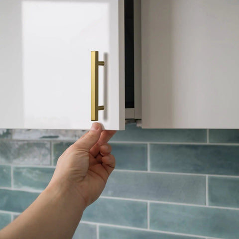 Gold Cabinet Pulls 5 Pack Brushed Brass T Bar Handles for Kitchen Cabinets and Drawer Upgrades, hand opening white cabinet