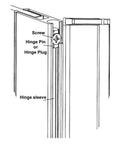 Diagram showing Top Shelf Aluminum Shower Door Hinge Plug Bushing with screw, hinge pin, and hinge sleeve details.