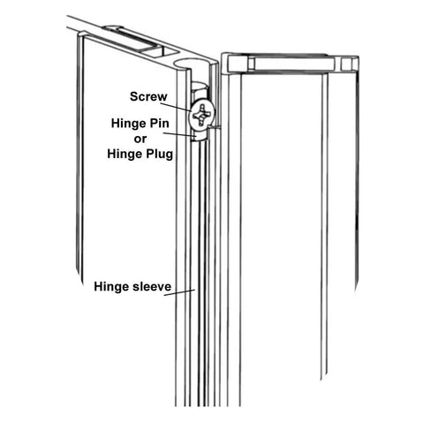 Diagram showing Top Shelf Aluminum Shower Door Hinge Plug Bushing with screw, hinge pin, and hinge sleeve details.